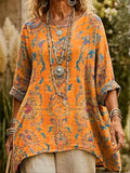 Vintage Long Sleeve Floral Print Pocketed Hem Top