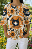 Womens Brown Sunflower Black Cat Print Casual Shirt