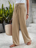 Women's Cotton Vacation Elastic Waist Lace-up Loose Wide Leg Solid Color Casual Pants