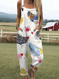 Women's Chicken Art Print Casual Cotton Wide Leg Jumpsuit