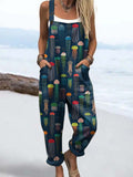 Women's Vintage Jellyfish Print Casual Cotton Wide Leg Jumpsuit