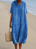 Women's Blue Stripes Art Print Casual Cotton And Linen 3/4 Sleeve Shirt
