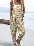 Wome's Retro Elegant Flower Print Casual Cotton Wide Leg Jumpsuit