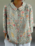 Women's Vintage Lovely Floral Art Print Casual Cotton And Linen 3/4 Sleeve Shirt