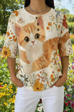Womens Beige Plaid Orange Cat Print Casual Shirt