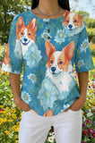 Womens Blue Tropical Corgi Print Casual Shirt