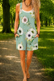 Women’s Mint Blue Flower Print Casual Cotton Wide Leg Romper