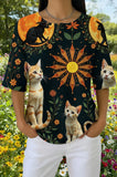 Womens Black Celestial Sun Cat Print Casual Shirt