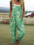 Women's Vintage Butterfly Art Print Casual Cotton Wide Leg Jumpsuit