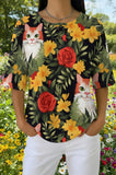 Womens Black Floral Yellow Rose Cat Print Casual Shirt