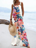 Women's Watercolor Turtle Floral Pattern  Protect Split Joint Square Collar Loose Linen Fabric Jumpsuits