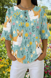 Womens Light Blue Leafy Multi-Dog Print Casual Shirt