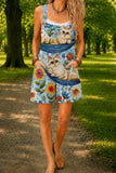 Women’s Blue Retro Cat Floral Print Casual Cotton Wide Leg Romper