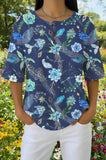 Womens Dark Blue Leaf Floral Print Casual Waffle Cotton Shirt
