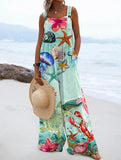Women's Floral Underwater World Patterne Protect Split Joint Square Collar Loose Linen Fabric Jumpsuits