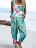 Wome'S Turtle And Flower Print Casual Cotton Wide Leg Jumpsuit