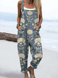 Wome's Retro Art Floral Pattern Casual Cotton Wide Leg Jumpsuit