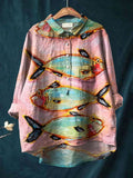 Women's Vintage Fish Art Print Casual Cotton And Linen Shirt RB108