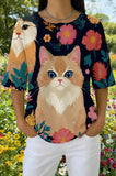 Womens Black Multi-Color Floral Cat Print Casual Shirt