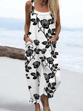 Wome'Srose Silhouette Pattern Print Casual Cotton Wide Leg Jumpsuit