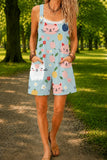 Women’s Light Blue Cartoon Cat Print Casual Cotton Wide Leg Romper