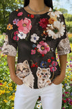 Womens Black Pink Floral Multi-Cat Print Casual Shirt