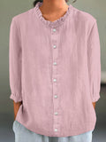 Women's Casual Cotton And Linen Ruffle Collar 3/4 Sleeve Shirt