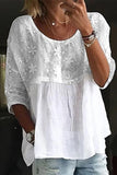Women's Lace Embroidery Patchwork  Loose Crew Neck Split Joint Shirt