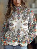 Vintage Symmetrical Flowers Print Knit Turtleneck Pullover Sweater RM015