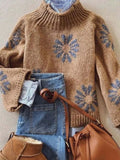 Women's Lovely Floral Art Print Knit Turtleneck Pullover Sweater RM072