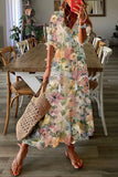 Half Sleeve Floral Loose V Neck Casual Maxi Dress