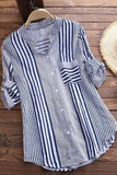 Stripe Print Stand Collar 3/4 Sleeves Blouse