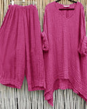 Solid Color Casual V-neck Short Sleeves Two Piece Suit